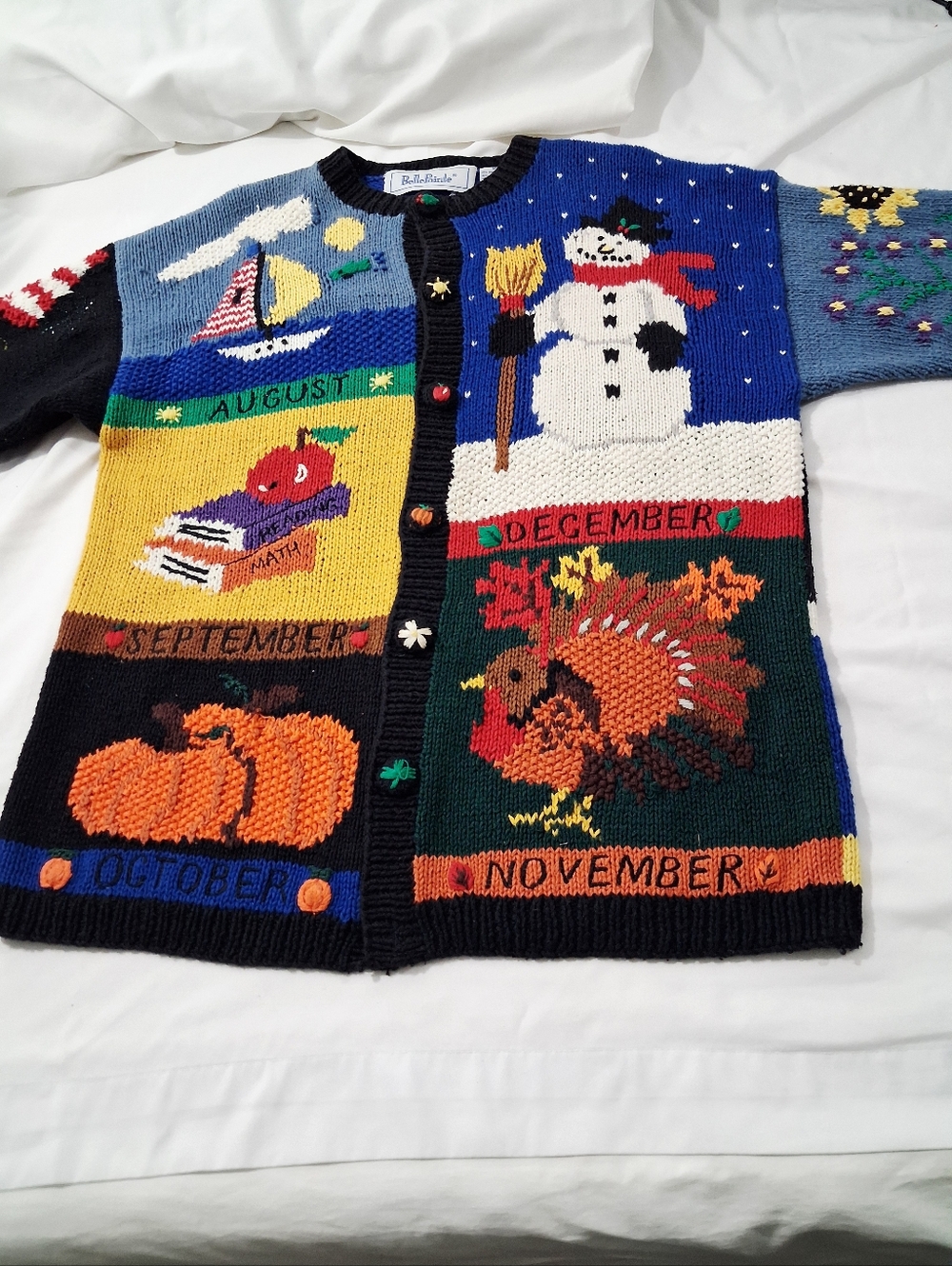 Belle Pointe Rare Vintage 90'sSeasonal Months Knit Cardigan Stitched Embrodered.